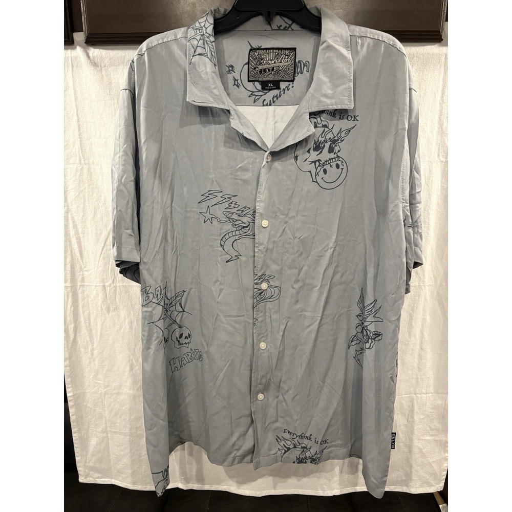 Brooklyn Cloth BKLYN Men's XL Gray Rayon Camp Shirt Tattoo Graphic Button Up